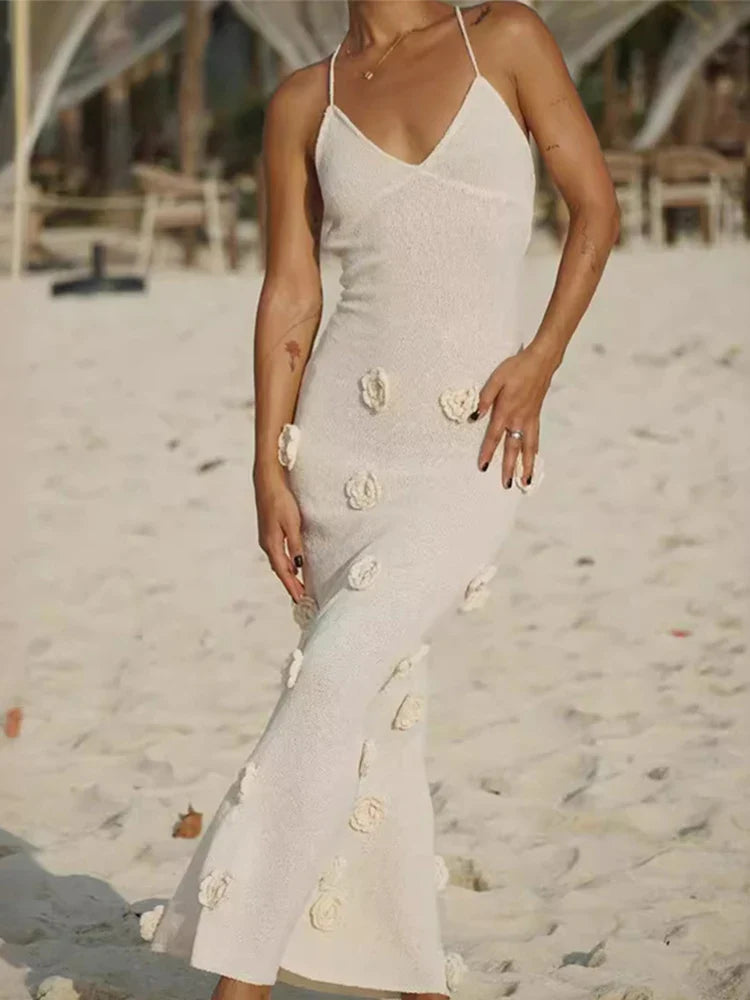 3D Flower V-neck Backless Lace-Up Maxi Floral Dress