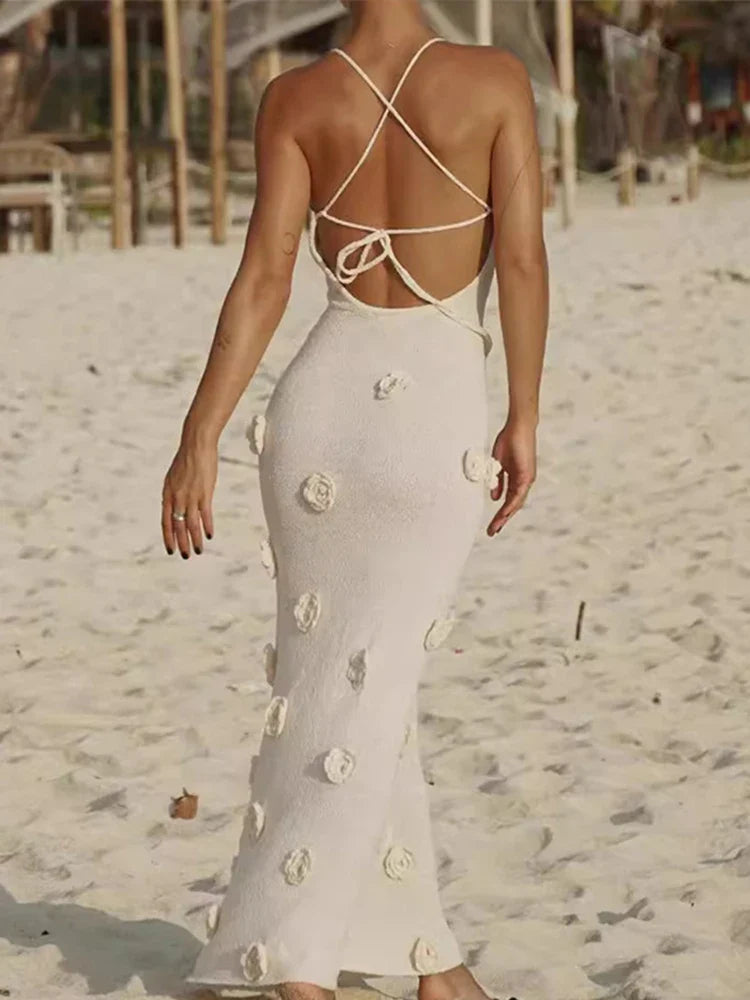 3D Flower V-neck Backless Lace-Up Maxi Floral Dress