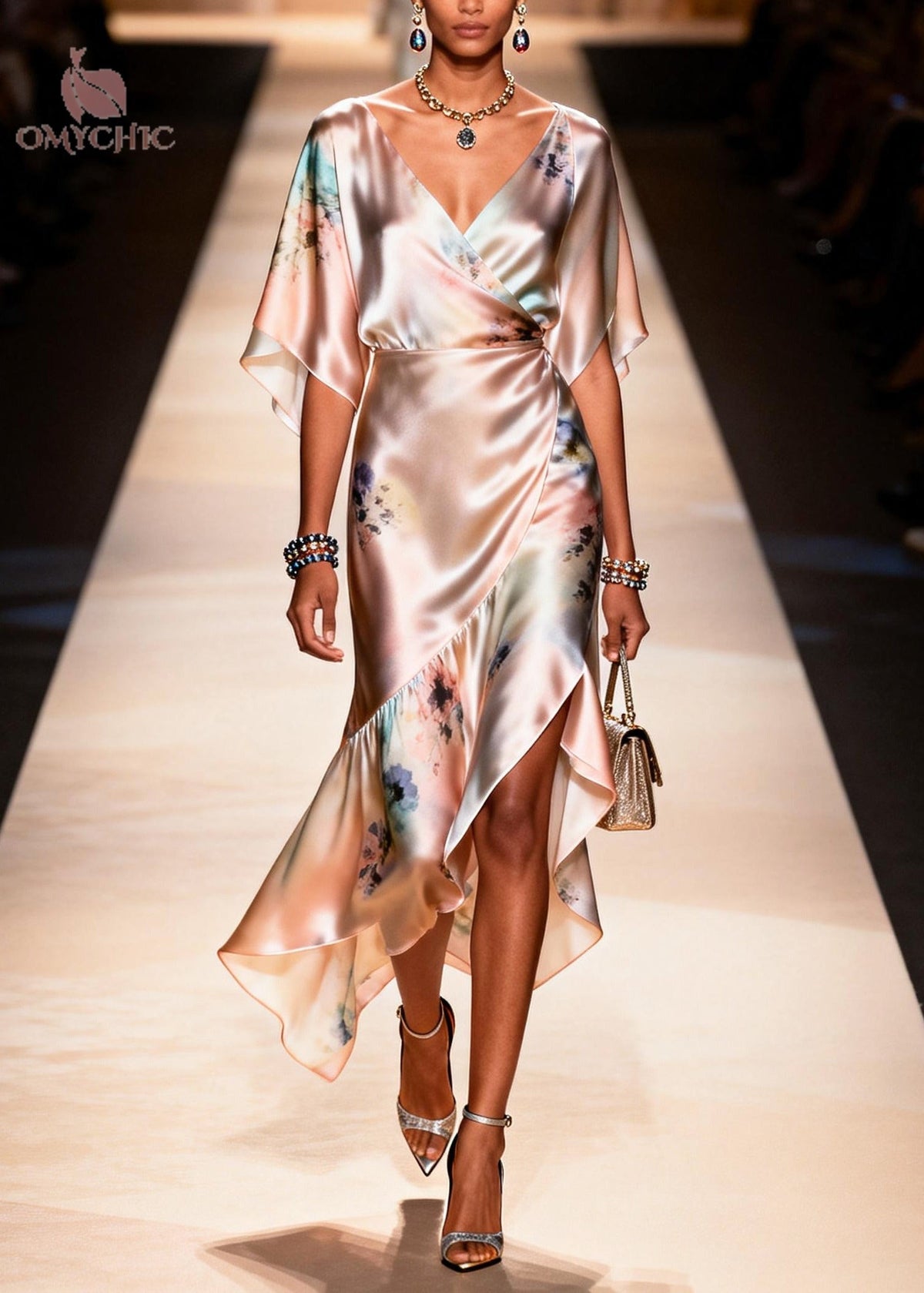 Floral Print V-Neck Butterfly Sleeve Wrap Ruffle High Low Midi Dress