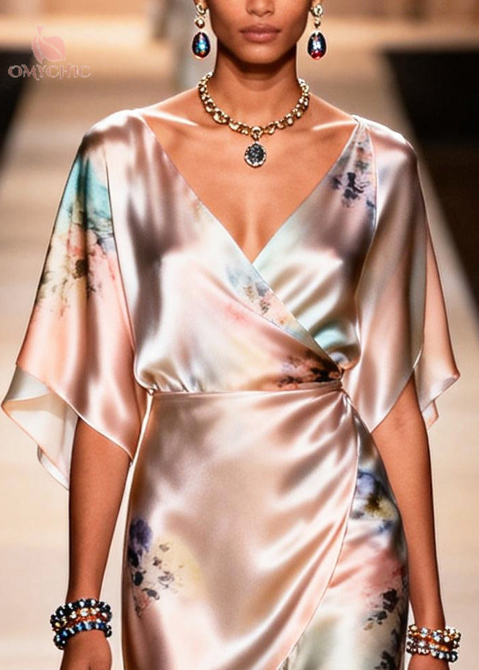 Floral Print V-Neck Butterfly Sleeve Wrap Ruffle High Low Midi Dress - View 2