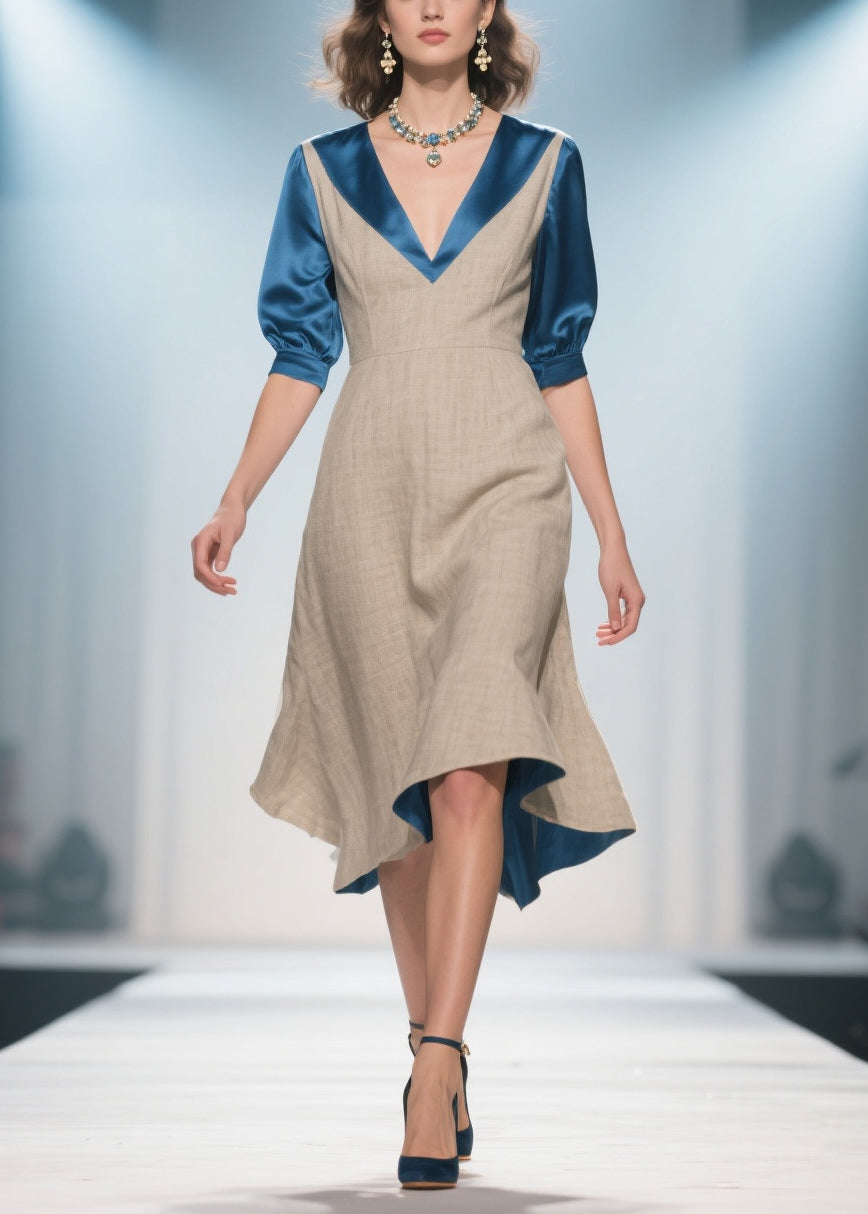 Faux Two-Piece Deep V-Neck Pointed Collar A-Line Midi Dress