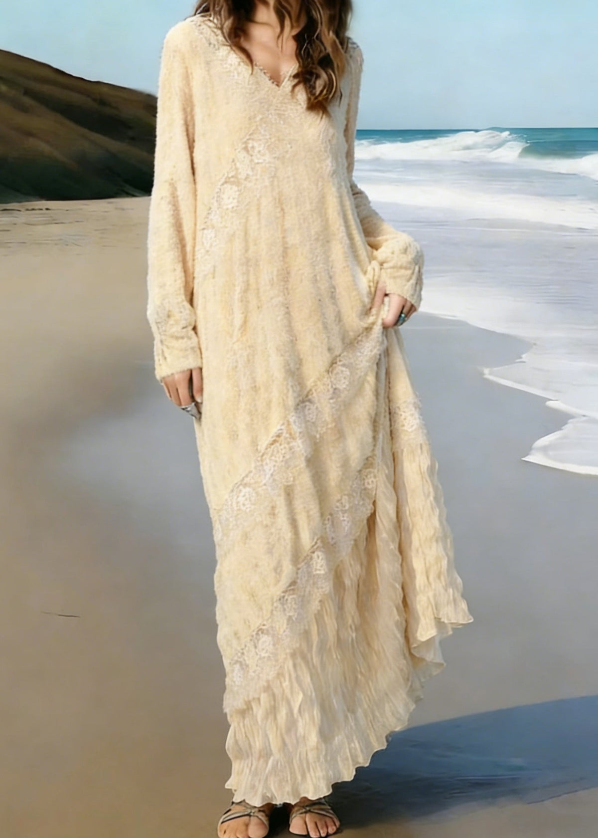 Lace Deep V-Neck Long Sleeve Diagonal Panel Ruffle Flounce Maxi Dress