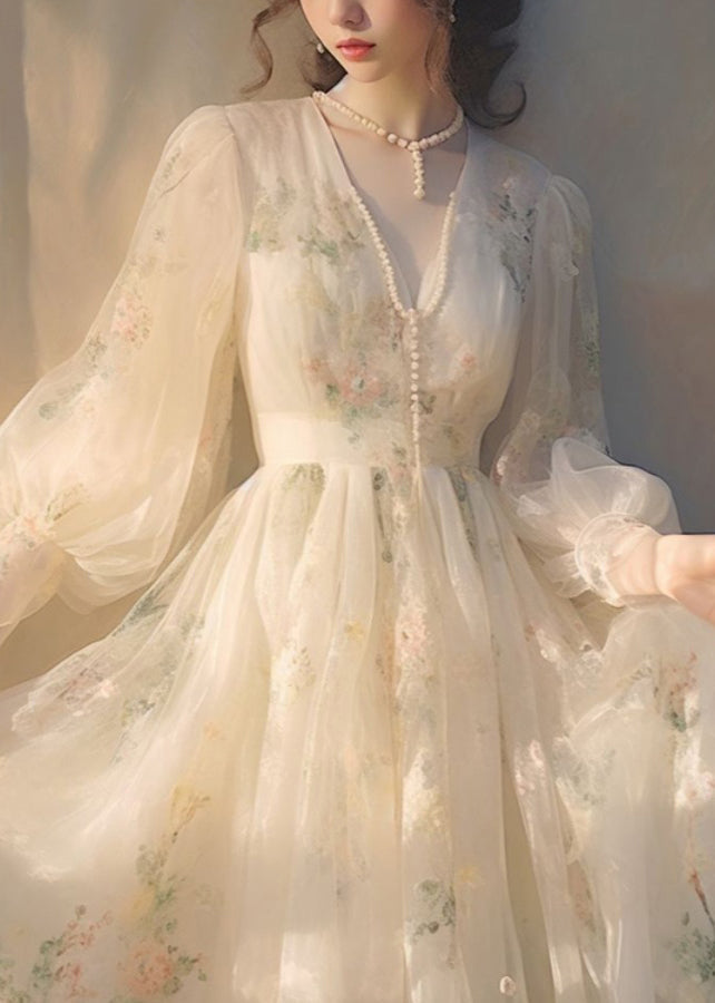 Elegant Beige V Neck High Waist Tulle Maxi Dresses Long Sleeve - View 2
