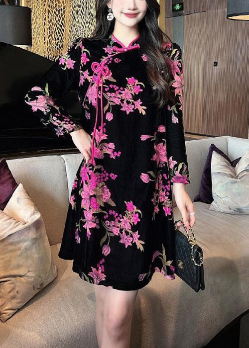 Velvet Floral Mandarin Collar Frog Button Long Sleeve Mini Dress