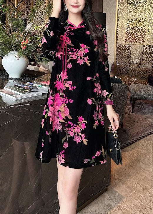 Velvet Floral Mandarin Collar Frog Button Long Sleeve Mini Dress - View 3