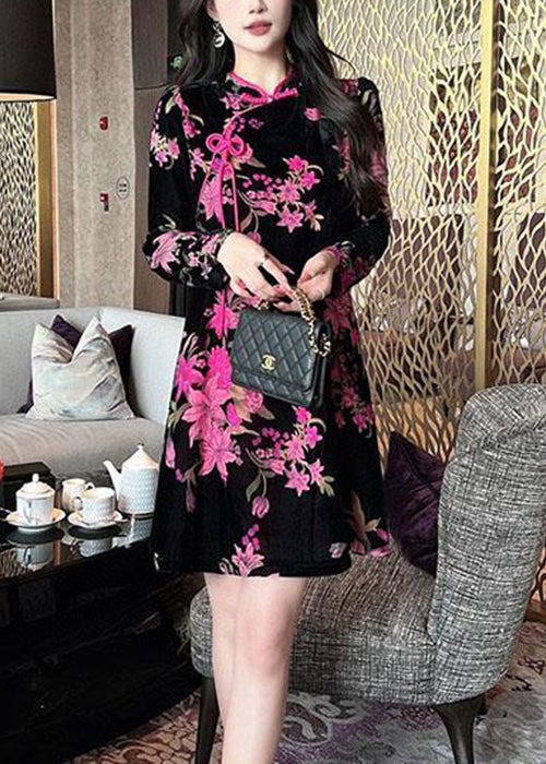 Velvet Floral Mandarin Collar Frog Button Long Sleeve Mini Dress - View 4