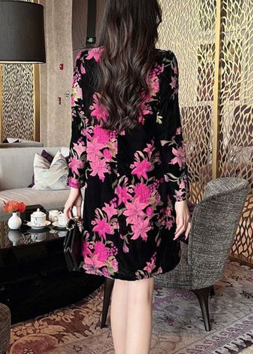 Velvet Floral Mandarin Collar Frog Button Long Sleeve Mini Dress - View 5
