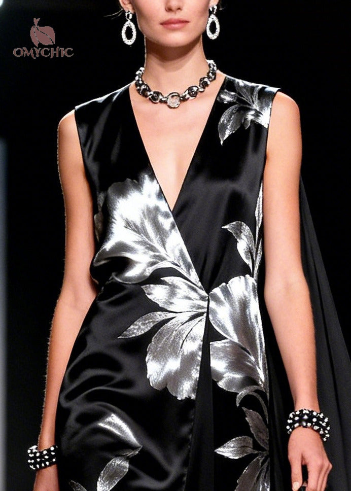 Metallic Floral Print Deep V-Neck Sleeveless Cape Maxi Gown - View 2