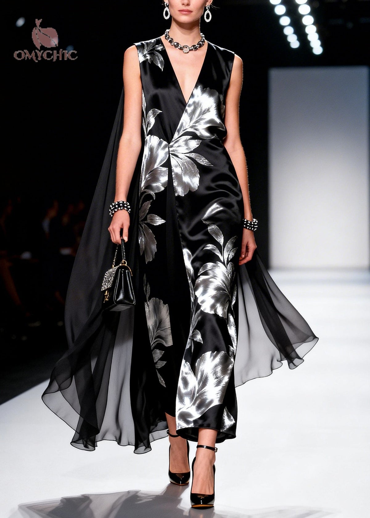 Metallic Floral Print Deep V-Neck Sleeveless Cape Maxi Gown - View 3