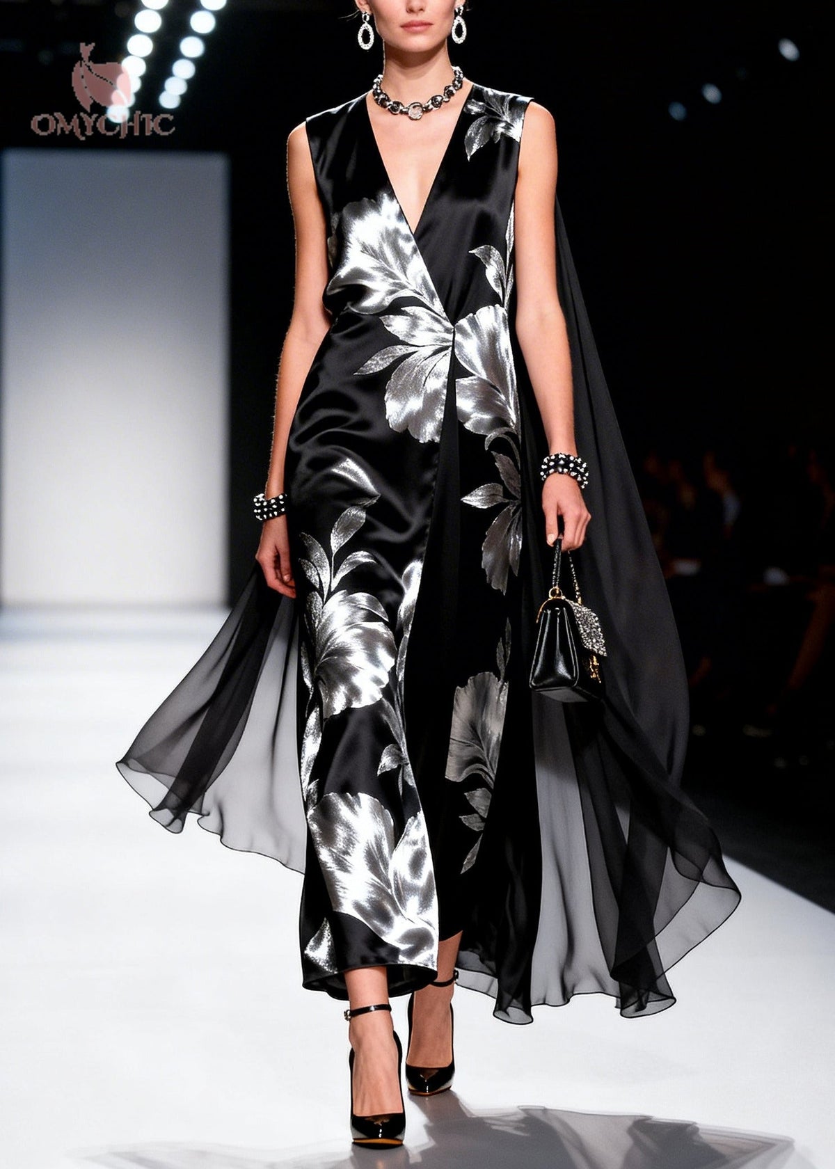 Metallic Floral Print Deep V-Neck Sleeveless Cape Maxi Gown - View 5