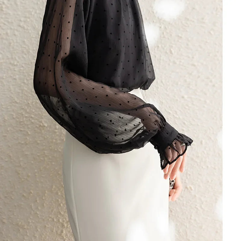 Polka Dot Chiffon Stand Collar Autumn Blouse