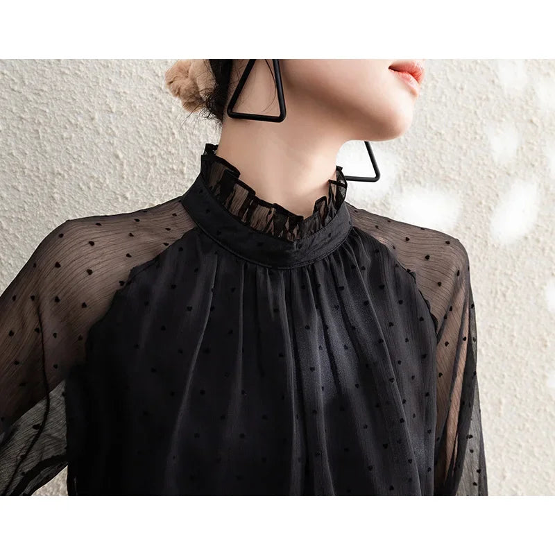 Polka Dot Chiffon Stand Collar Autumn Blouse