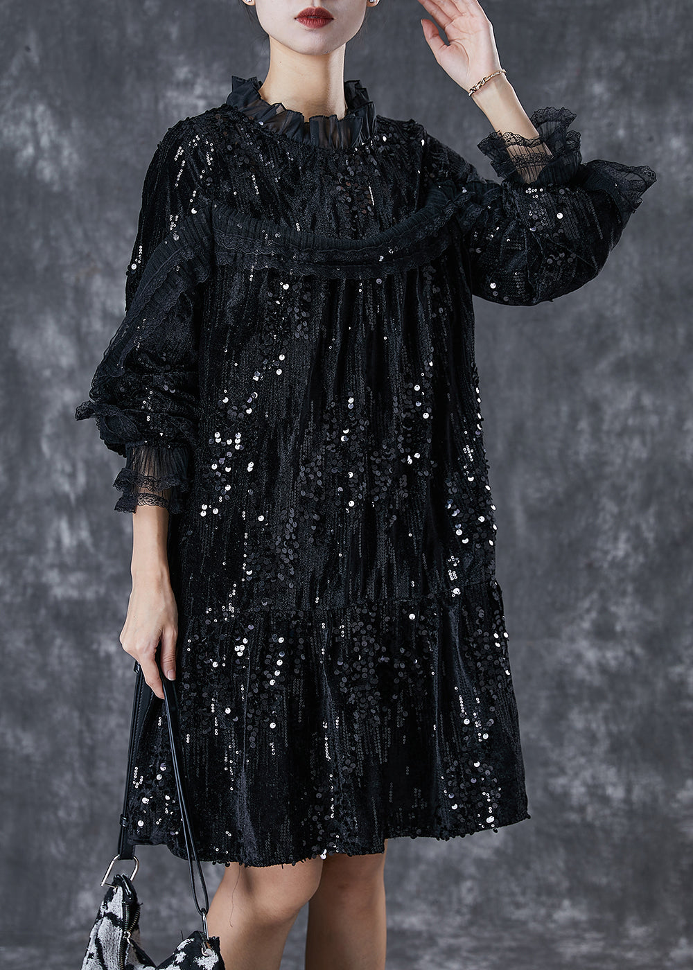 Sequin Velvet Ruffle Neck Tiered Long Sleeve Mini Dress