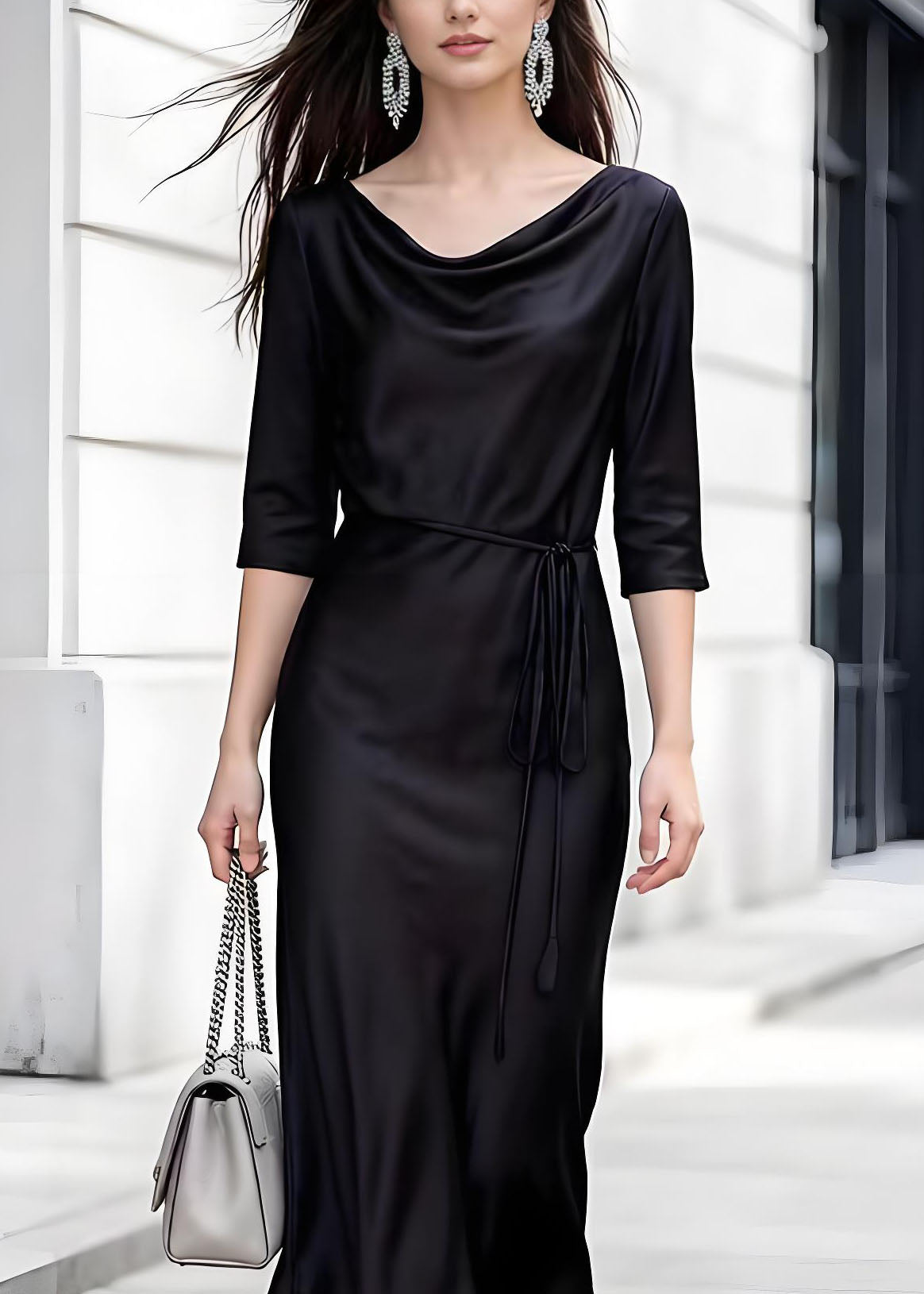 Satin Cowl Neck Three Quarter Sleeve Tie Waist Slip Midi Dress - View 2