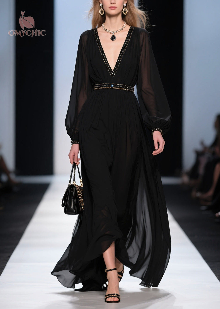 Beaded Trim Deep V-Neck Bishop Sleeve Studded Belt Maxi Gown