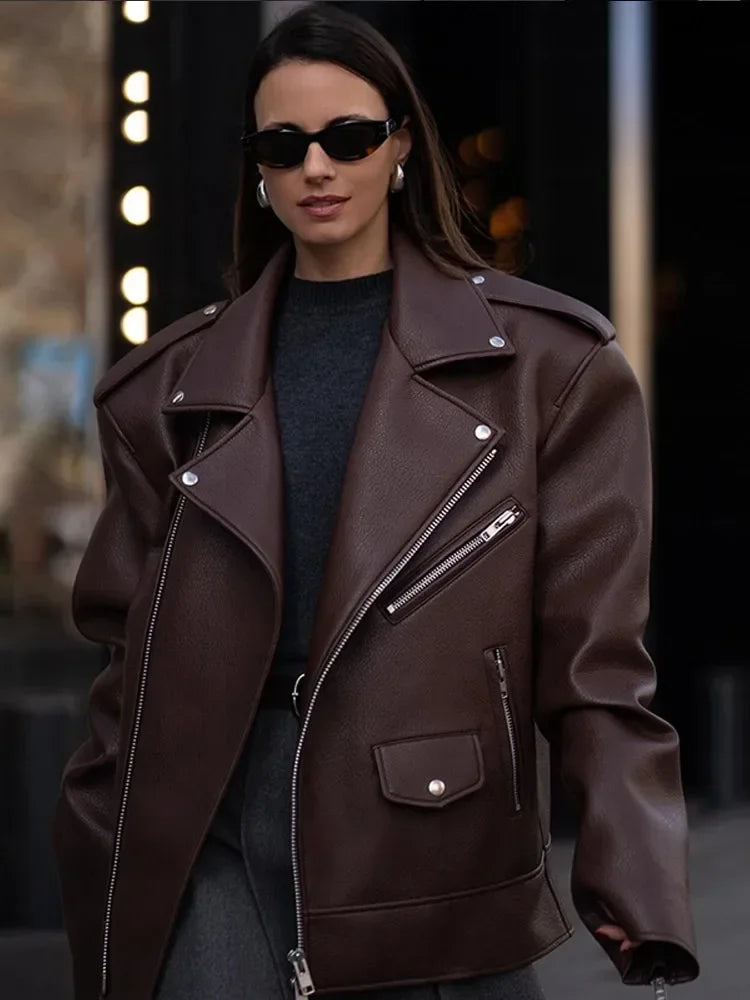 Black Zippers Oversized Leather Coat