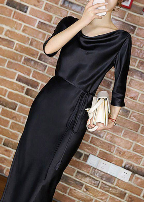Satin Slash Neck Three Quarter Sleeve Self Tie Belt A-Line Midi Dress - View 2