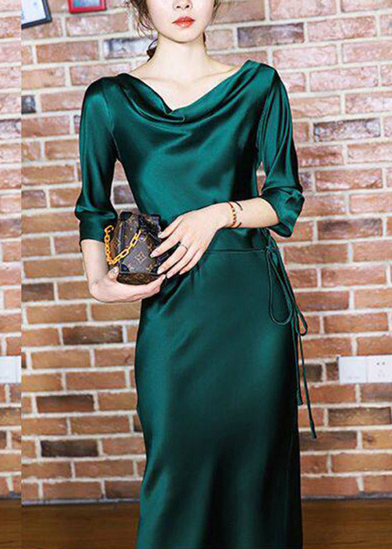 Satin Slash Neck Three Quarter Sleeve Self Tie Belt A-Line Midi Dress - View 3