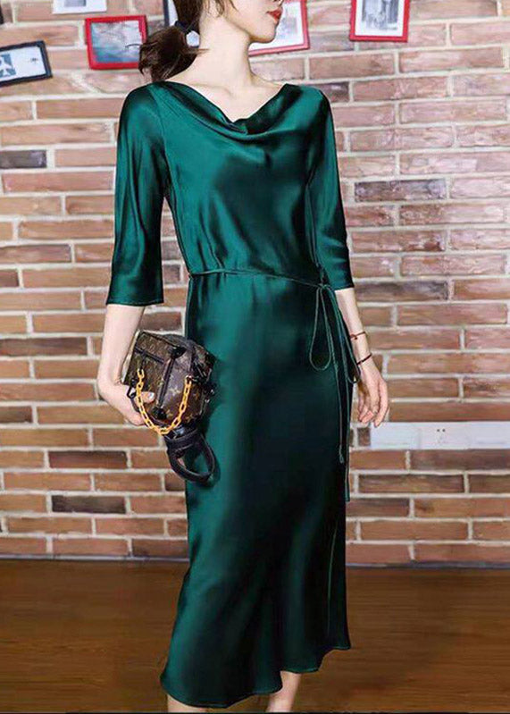 Satin Slash Neck Three Quarter Sleeve Self Tie Belt A-Line Midi Dress - View 4