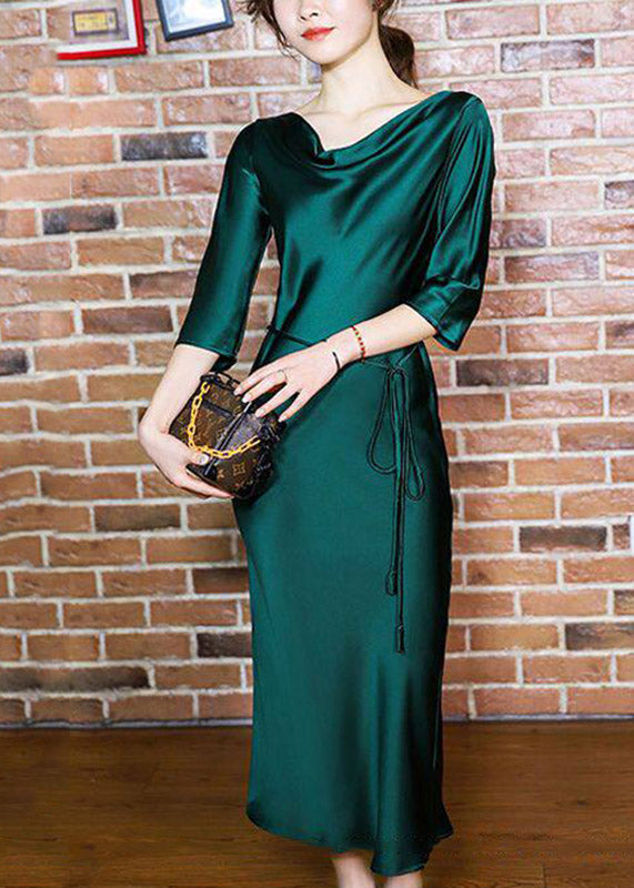 Satin Slash Neck Three Quarter Sleeve Self Tie Belt A-Line Midi Dress - View 5