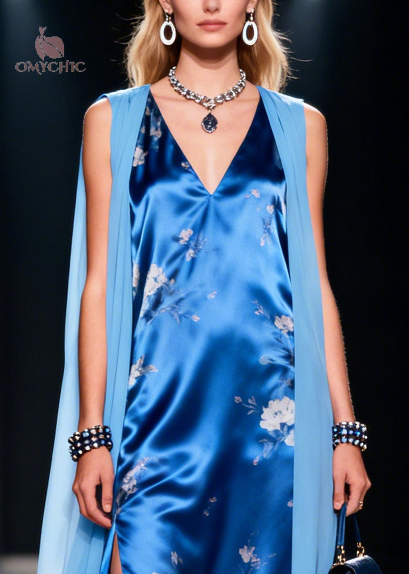 Floral Print V-Neck Sleeveless Attached Cape High Split Maxi Gown - View 2