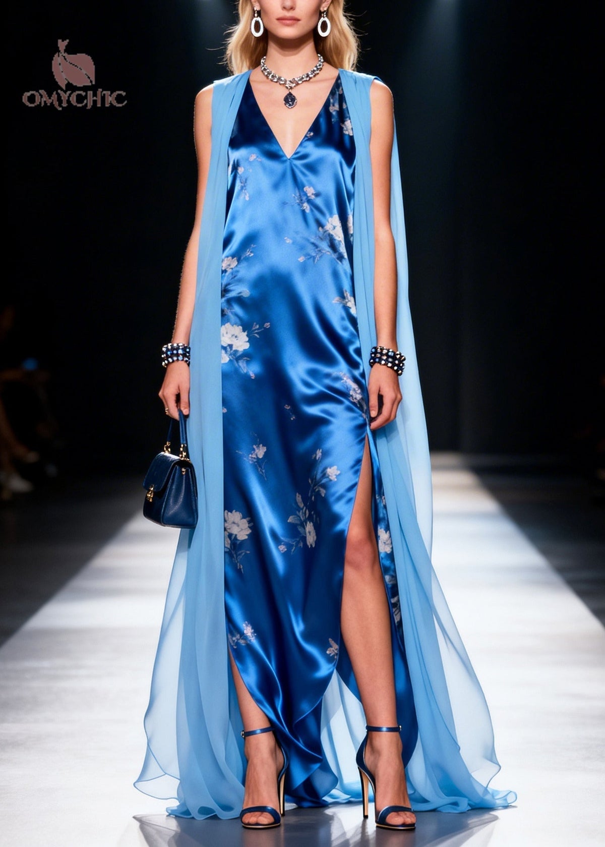 Floral Print V-Neck Sleeveless Attached Cape High Split Maxi Gown - View 3