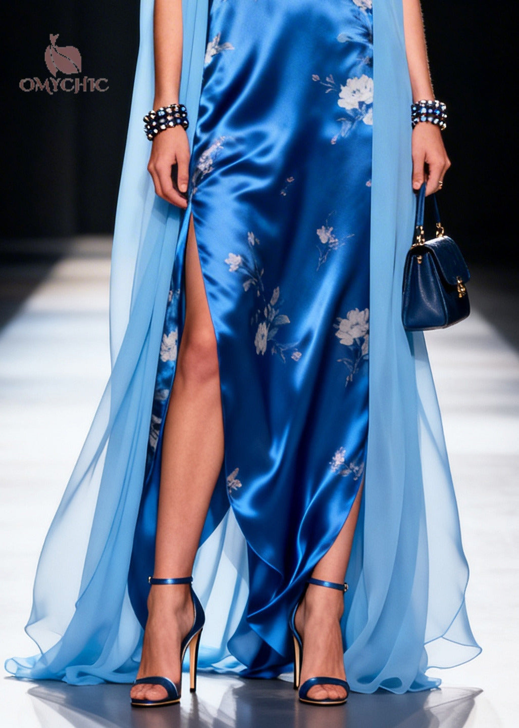 Floral Print V-Neck Sleeveless Attached Cape High Split Maxi Gown - View 4