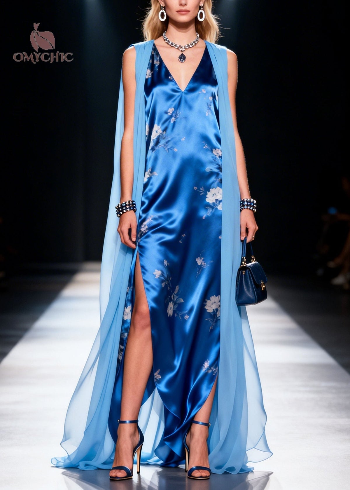 Floral Print V-Neck Sleeveless Attached Cape High Split Maxi Gown - View 5