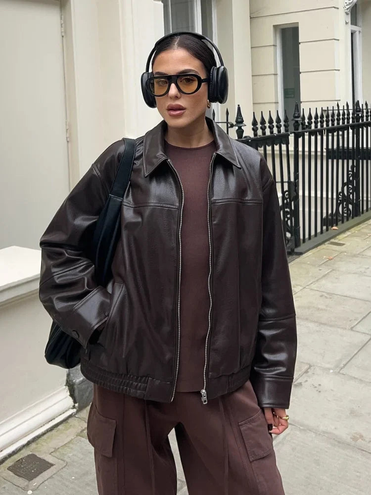 Brown Drawstring Tie Leather Coat