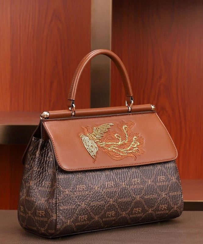 Tote Leather Embroideried Brown Elegant Handbag Calf