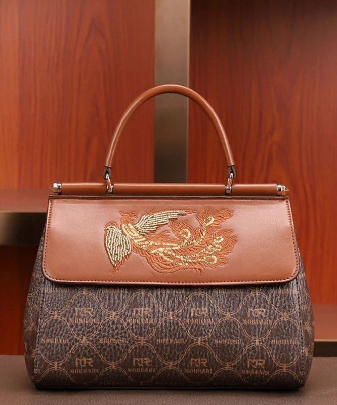 Tote Leather Embroideried Brown Elegant Handbag Calf