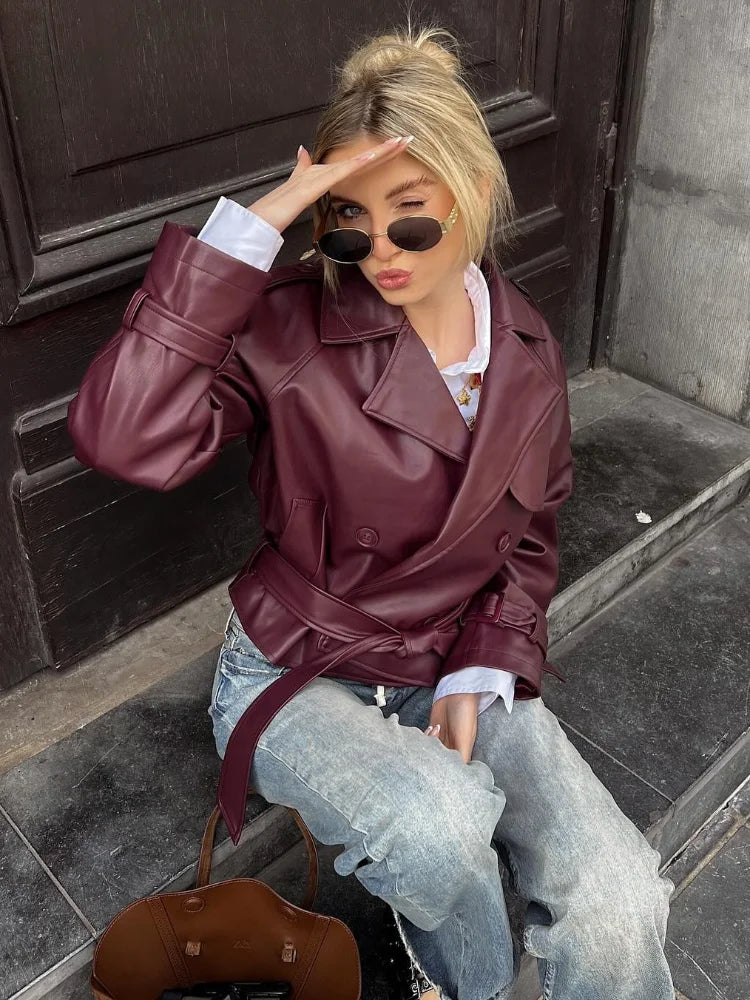 Burgundy Lapel Short Leather Coat