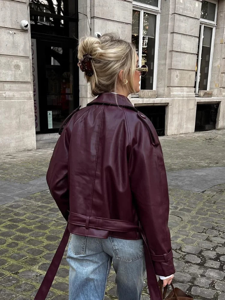 Burgundy Lapel Short Leather Coat