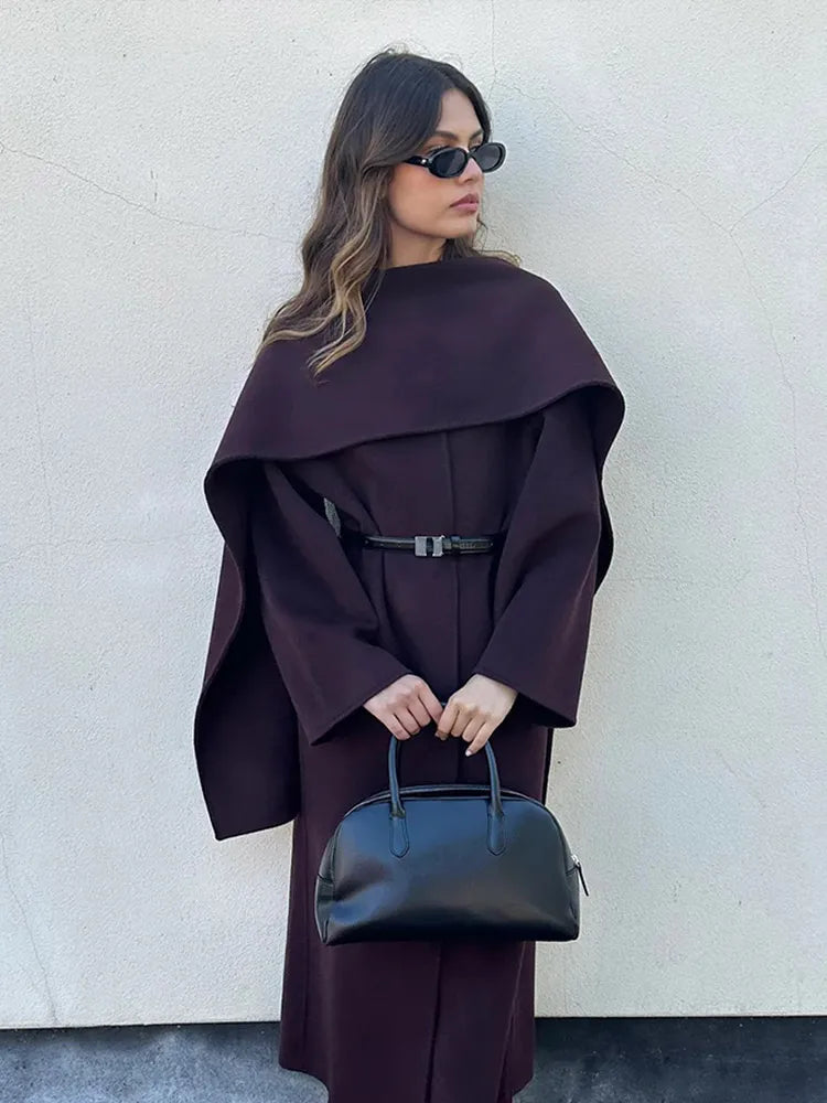 Burgundy Scarf Collar Woolen Coat