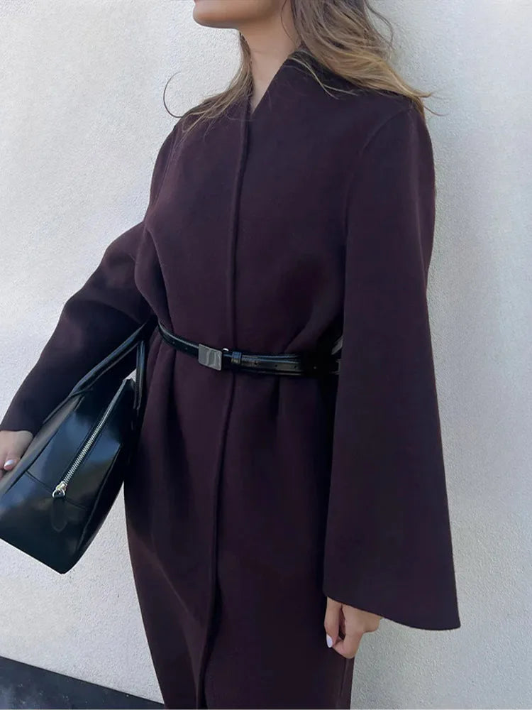 Burgundy Scarf Collar Woolen Coat