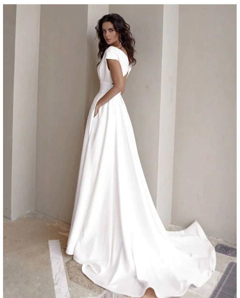 Off Shoulder Deep V-Neck Wrap Bodice Pleated High Split Maxi Gown - View 3