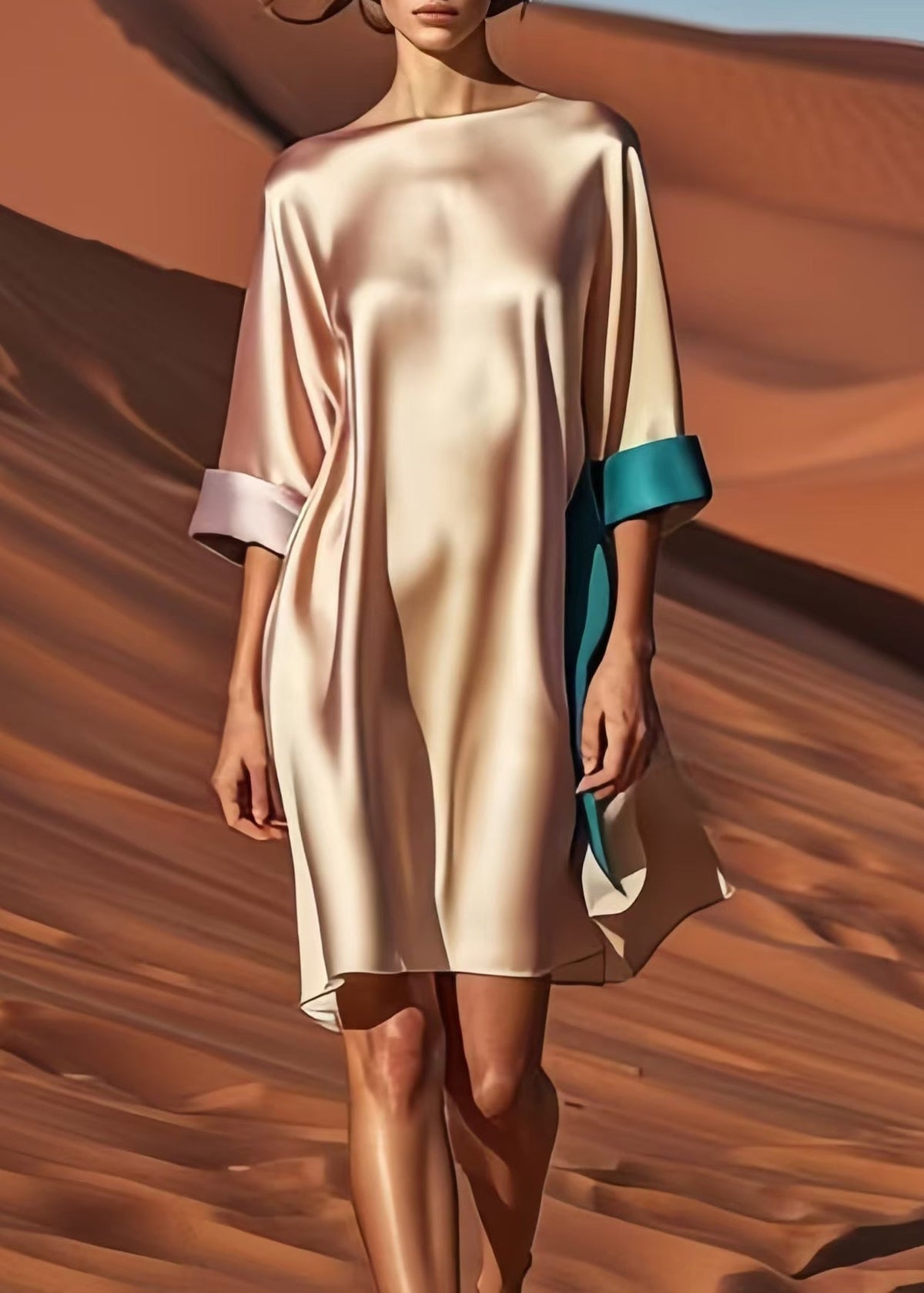 Satin Boat Neck Contrast Cuff Elbow Sleeve Shift Mini Dress