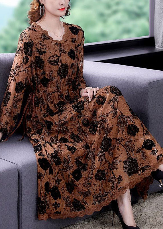 Lace Floral Rose Print Long Sleeve Scalloped Trim Maxi Dress