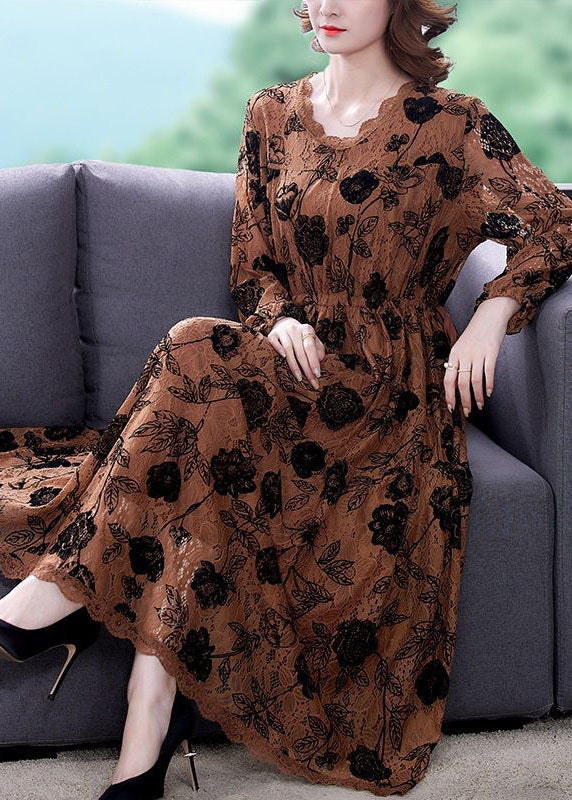 Lace Floral Rose Print Long Sleeve Scalloped Trim Maxi Dress - View 2