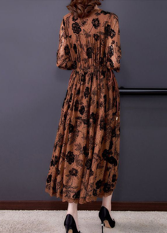 Lace Floral Rose Print Long Sleeve Scalloped Trim Maxi Dress - View 5