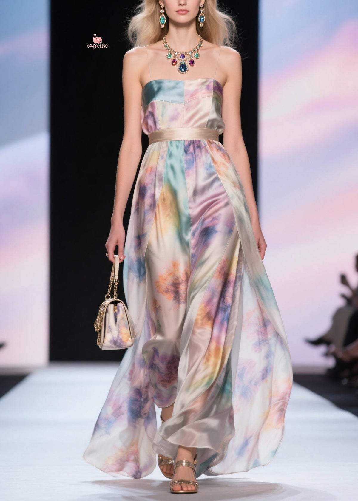 Elegant Cold Shoulder Tunic Silk Maxi Spaghetti Strap Dress Summer