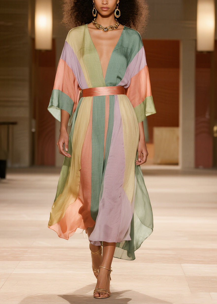 Vertical Stripe Deep V-Neck Sleeve Belted Midi Dress