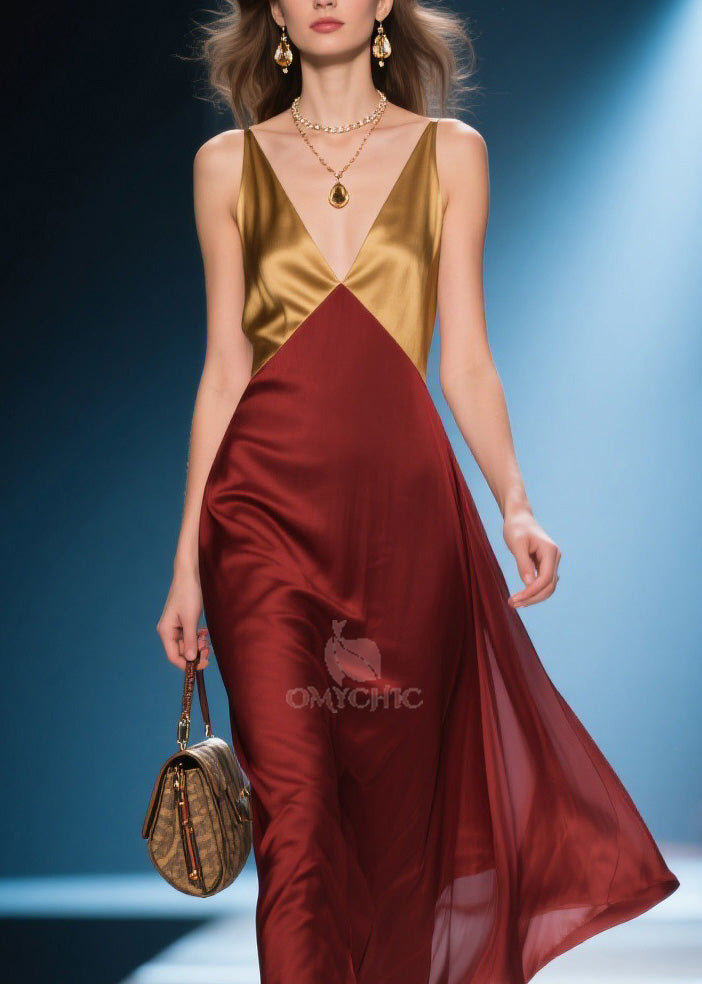Satin Colorblock Deep V-Neck Spaghetti Strap Midi Dress - View 2