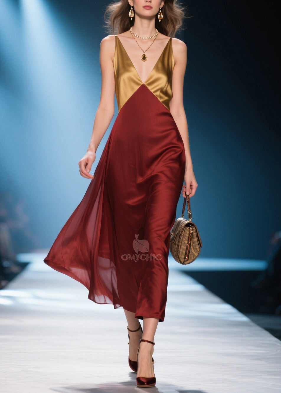 Satin Colorblock Deep V-Neck Spaghetti Strap Midi Dress - View 3