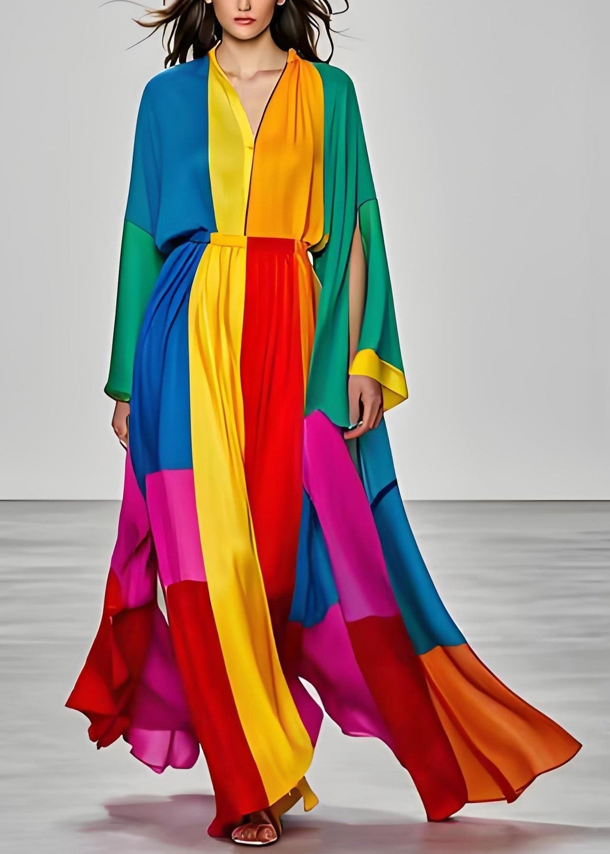 Satin Deep V-Neck Long Sleeve Slit Cape Sleeve Maxi Gown