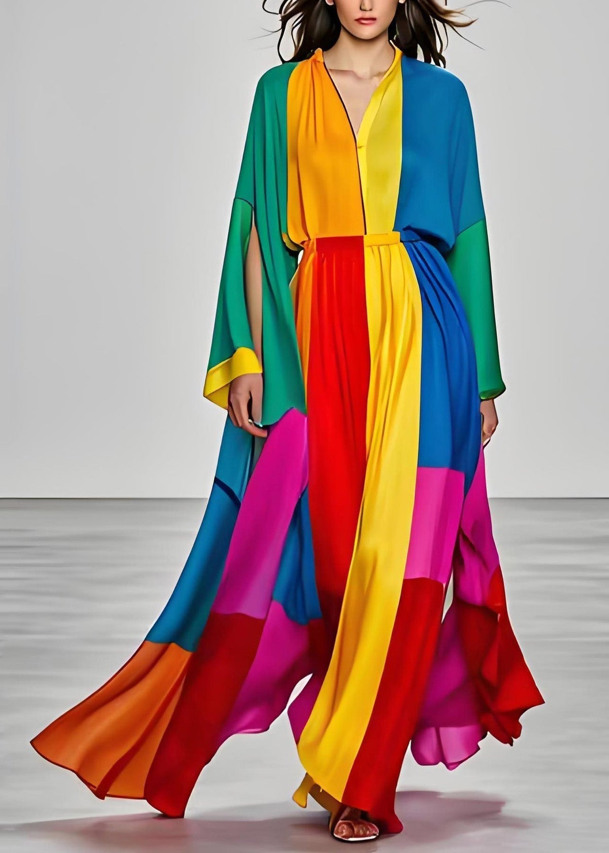Satin Deep V-Neck Long Sleeve Slit Cape Sleeve Maxi Gown - View 2