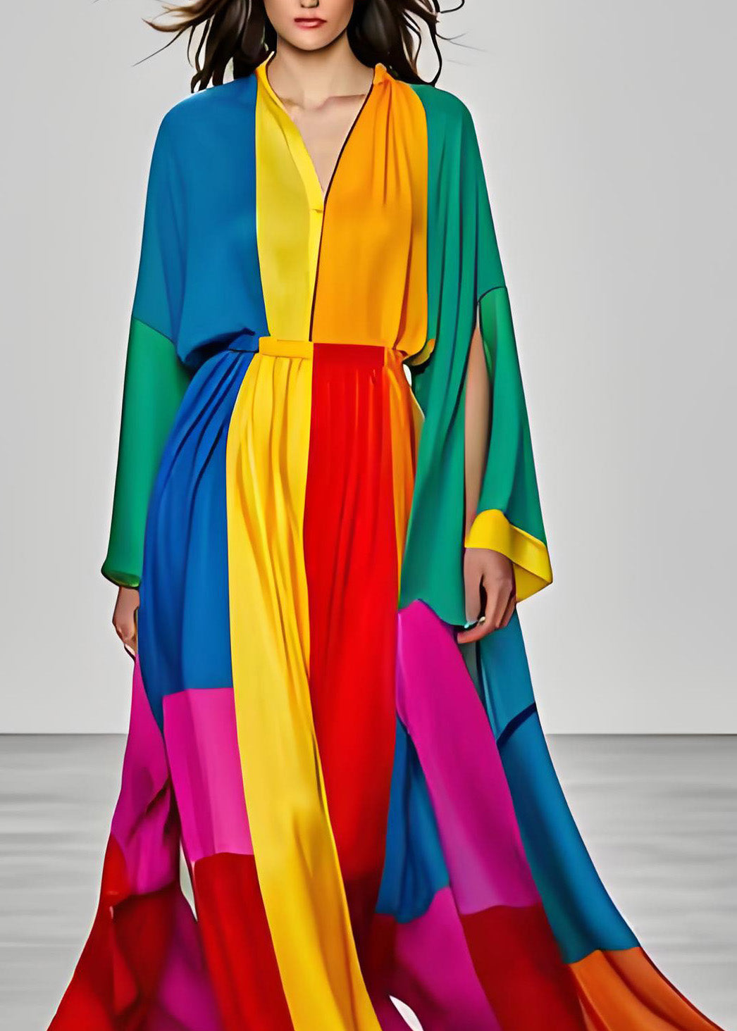 Satin Deep V-Neck Long Sleeve Slit Cape Sleeve Maxi Gown - View 3