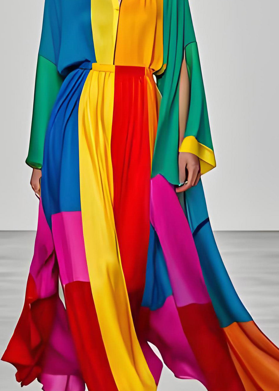 Satin Deep V-Neck Long Sleeve Slit Cape Sleeve Maxi Gown - View 4