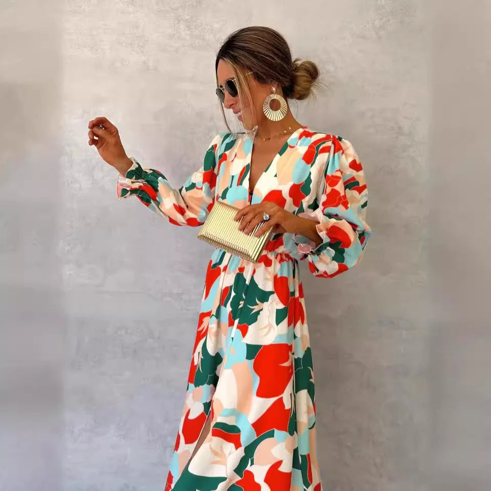 Elegant V-neck Printed Floral Dress