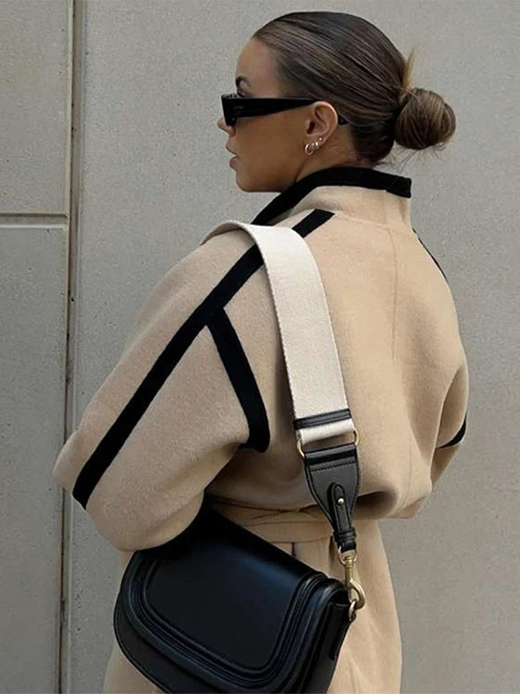 Contrast Woolen Belted Coat